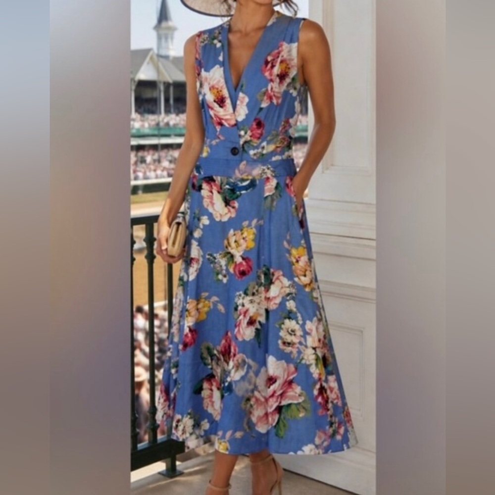 Eliza J Cornflower Blue Pink Sunflower Yellow Floral V-Neck Midi Dress Linen 20w